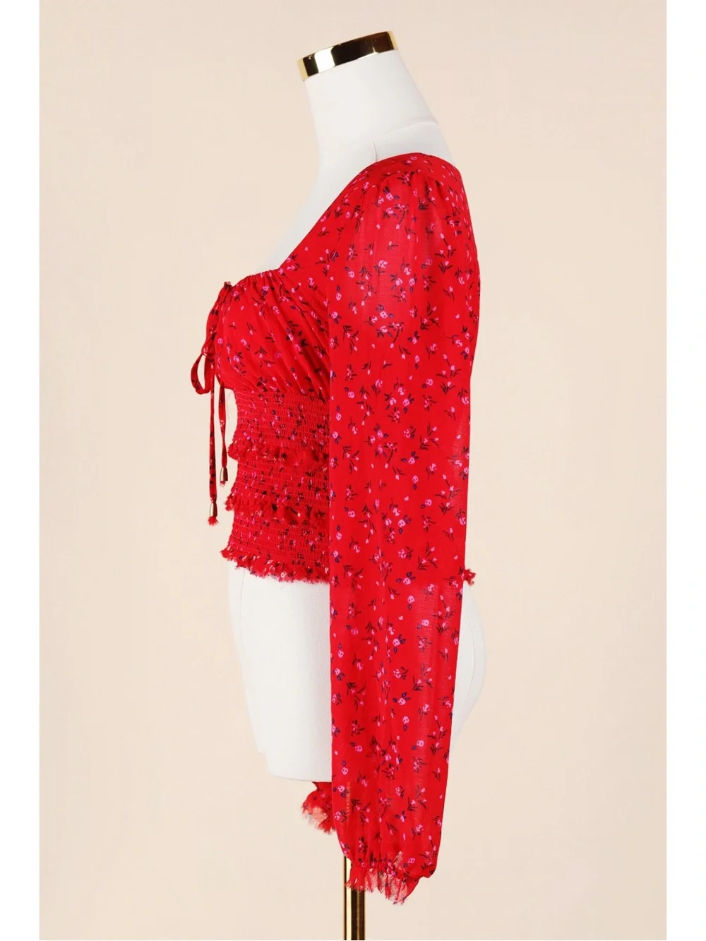 Sz XS Free People Lolita Red Floral Print Smocked Long Sleeve Crop Top EUC